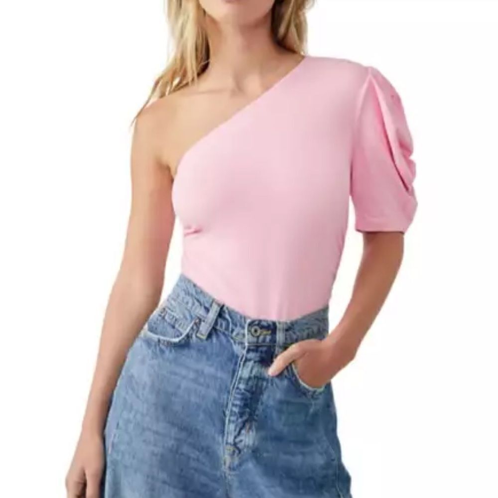 NWOT Free People Somethin Bout You Pink Puff Sleeve One Shoulder Bodysuit M